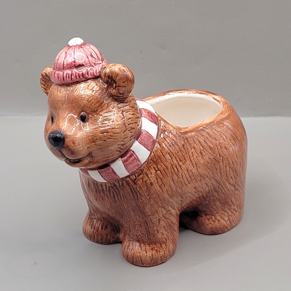 Vintage Omnibus Bear Planter Ceramic Winter Hat & Scarf Figurine Christmas